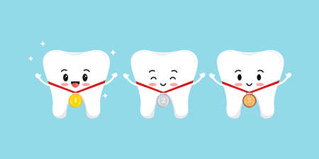 Teeth and medal golden, silver, bronze with laurel branches and red ribbon isolated on background....