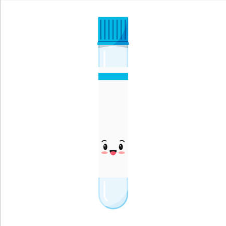 Glass test tube or flack with lid and sticker for inscription emoji icon isolated on white background. Flat design cartoon style chemical or pharmacy medicine laboratory equipment vector illustration.のイラスト素材