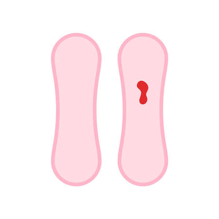 Daily sanitary pad with pathology or menstruation blood and clean icon set isolated on white background. Female blood flow loss on napkin. Flat design vector feminine hygiene concept illustration.のイラスト素材