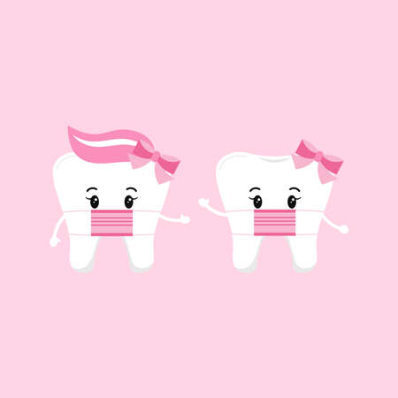 Cute tooth girl wear medical mask set isolated on background. Flat design cartoon style personal hygiene character collection vector illustration. Children baby teeth hygiene and prevention concept.のイラスト素材