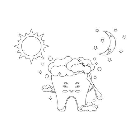 Cute tooth brushing with toothbrush twice a day dentist coloring page. Line art coloring book for kids happy dental character with sun moon vector illustration. Children teeth hygiene. Editable strokeのイラスト素材