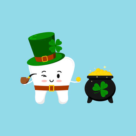 St Patrick cute tooth in leprechaun costume with pot of gold. Dental tooth irish character with black cauldron with money, clover, pipe, green hat, shamrock. Flat design cartoon vector illustration.のイラスト素材