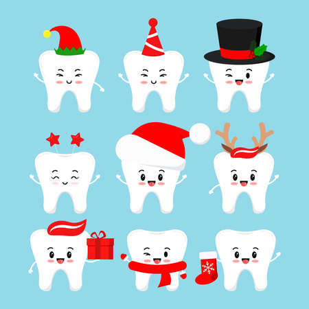 Chistmas smilling teeth dental icon set isolated. Dentist xmas cute white tooth character in santa hat, deer horns, elf, with christmas gift, red sock.のイラスト素材
