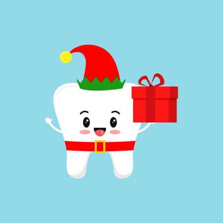 Chistmas tooth with gift in elf costume with red hat and belt icon isolated on background. Dental holiday character white funny tooth with present. Flat design cartoon vector dentistry design element.のイラスト素材