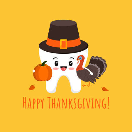 Thanksgiving tooth in pilgrim hat with pumpkin and turkey isolated vector icon. White tooth in carnival costume - dental character for dentist card. Flat design cartoon kawaii style illustration.のイラスト素材