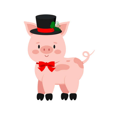 Cute christmas pig with curly tail isolated on white background. Funny x-mas farm little pig icon with snowman hat and bow tie. Flat design cartoon style vector animal character illustration.のイラスト素材