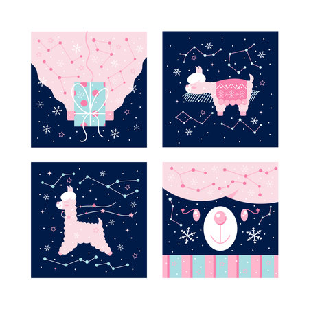 Christmas winter postcard set - cute pink llama or alpaca with x-mas gift, lies on a spruce branch on dark night snowy background with snowflakes and stars. Flat design cartoon vector illustration.のイラスト素材
