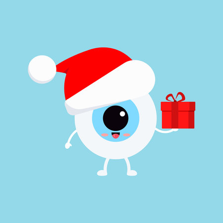 Chistmas eye ball with gift in red Santa Claus hat isolated on background. Ophthalmology holiday character - funny eyeball with present. Flat design cartoon style vector winter mascot illustration.のイラスト素材