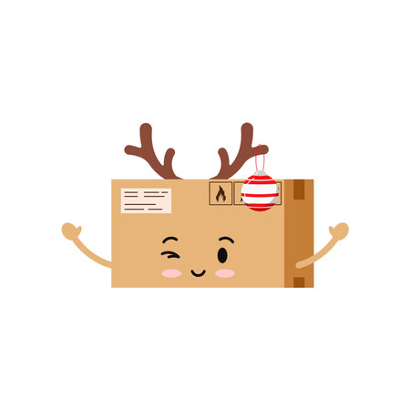 Chistmas parcel box deer character icon isolated on white background. Courier and post delivery xmas cute package happy mascot with deer horns and christmas tree ball. Flat cartoon vector illustrationのイラスト素材