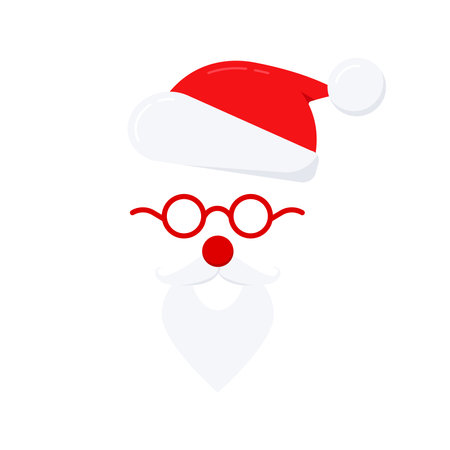 Christmas santa clause photo props booth isolated on white background. Xmas noel face costume vector illustration. Flat design cartoon style winter holiday card design element. Party time accessory.のイラスト素材