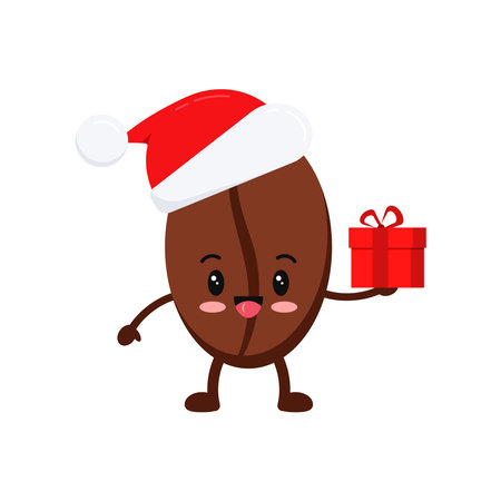 Chistmas coffee bean with gift in red Santa Claus hat icon isolated on background. Coffee holiday character funny roast seed with present. Flat design cartoon vector winter xmas cafe design element.のイラスト素材