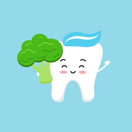 Cute tooth with broccoli. Strong smile white tooth with vegetable food for dental health. Children hygiene and eating clipart. Flat design cartoon dentistry character vector illustration.のイラスト素材