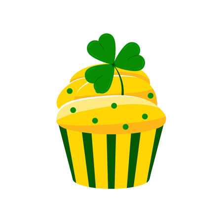 St Patrick cupcake with shamrock isolated on white background. Muffin with green three leaves clover. Flat cartoon dessert vector illustration. Happy Saint patrick s day greetings card design element.のイラスト素材
