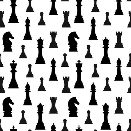 Chess pieces silhouette vector seamless pattern isolated on white background. Black chess figures king, queen, bishop, knight, rook, pawn game design elements print. Flat design simple illustrationのイラスト素材