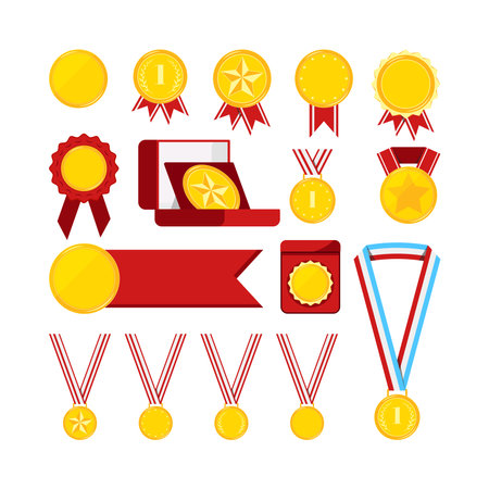 Gold medals with red ribbon set isolated on white background. Icon award golden medallion sign first place with star, dots, laurel branches. Vector flat design cartoon style clip art illustration.のイラスト素材
