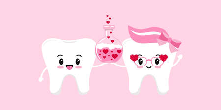 Tooth couple in love with chemistry flask. Happy Valentines Day teeth holds pink boiling bubbling liquid reaction in beaker with heart. Flat design cartoon funny dental character vector illustration.のイラスト素材