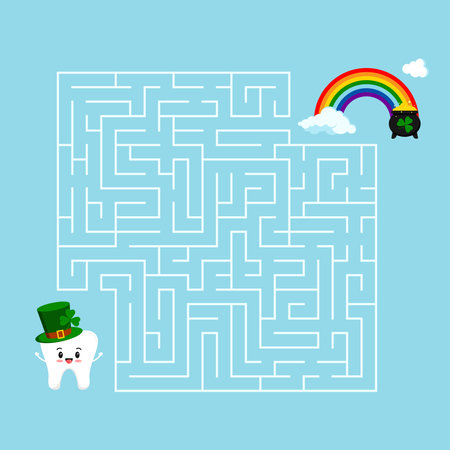Saint Patrick day tooth kids maze game. Help white teeth boy in leprechaun hat to find right way to rainbow and cauldron with gold in labyrinth. Vector flat design illustration in cartoon style.のイラスト素材