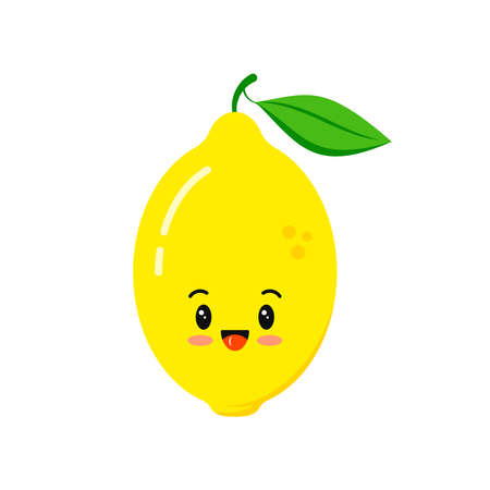 Cute happy lemon fruit icon isolated on white background. Funny cartoon summer kids character - smiling citrus emoticon. Fresh yellow baby lemon with green leaf mascot flat design vector illustration.のイラスト素材