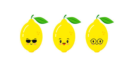 Cute lemon cartoon character icon set isolated on white background. Summer smile citrus fruit with eyeglasses and sunglases emoticon collection. Fresh yellow lemon mascot flat vector illustration.のイラスト素材