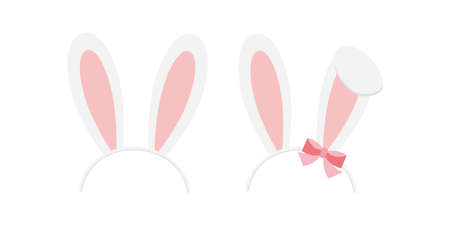 Easter bunny rabbit ears headband vector icon set isolated on white background. Cute girl and boy hair band mask illustration. Flat cartoon easter card design element. Spring hare ear hair accessory.のイラスト素材