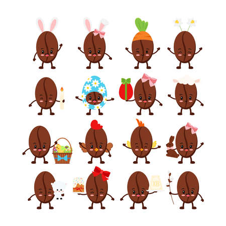 Easter cute coffee beans icon set. Roasted coffee grains character cake, bunny ears, willow, curd easter basket, candle, egg, hen, chicken costume. Flat cartoon vector dentistry clip art illustrationのイラスト素材