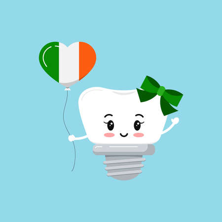St Patrick cute tooth dental implant icon isolated. Orthodontist dentistry teeth character with irish flag color heart shape balloon. Flat design cartoon vector kid illustrationのイラスト素材