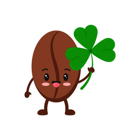 St Patrick day coffee bean boy icon isolated. Coffee grain character with irish lucky charm trefiol clover shamrock. Flat design cartoon style vector illustrationのイラスト素材