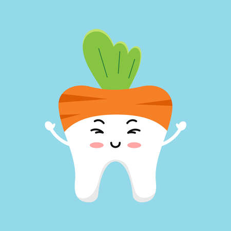 Easter cute tooth in carrot costume dental icon isolated on background. Dentist white teeth easter...