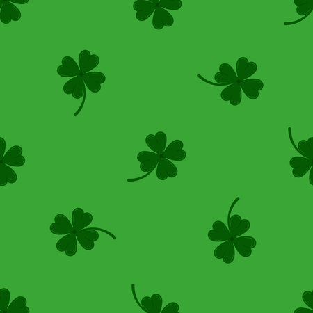 Clover leaves seamless pattern on green background. Green lucky four leaf clover plant print. Flat...