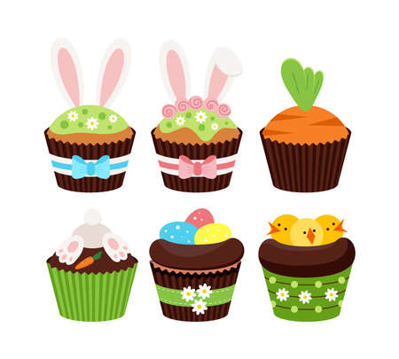 Easter cupcakes with kids decor set isolated on white background.のイラスト素材