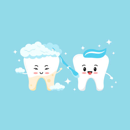 Tooth with yellow plaque becomes white with help of cute tooth boy with toothbrush.のイラスト素材
