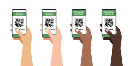 Green certificate of vaccination on mobile phone in hand
