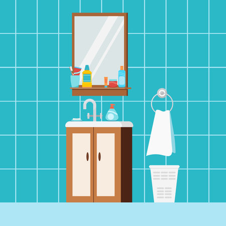 Bathroom interior scene flat cartoon vector illustrationのイラスト素材