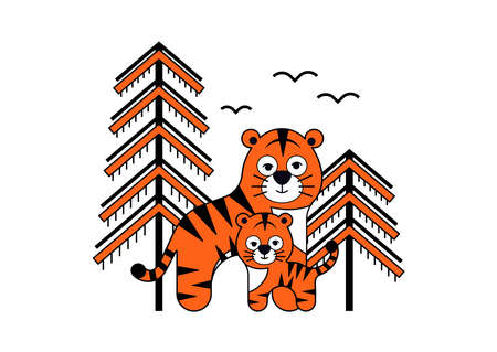 Amur tiger mother and baby with spruces and birds. Mom and little tiger cub with forest tree on background. Animal print with tiger family. Flat design vector illustration. Save the tiger conceptのイラスト素材