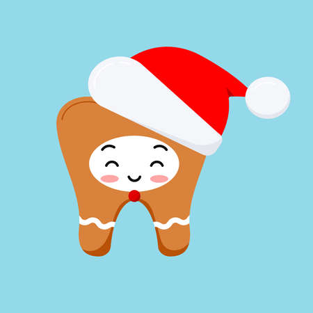 Christmas tooth in gingerbread costume with red santa hatのイラスト素材