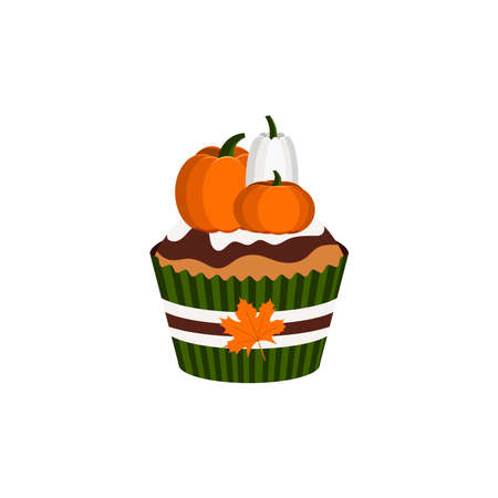 Cupcake with pumpkins chocolate icing and maple leaf holder decoration dessert.のイラスト素材
