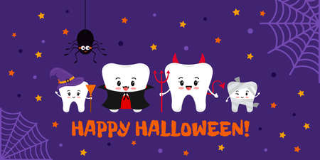 Happy Halloween teeth family in carnival costume on dental greeting card.のイラスト素材