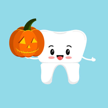 Cute tooth crown with carving orange pumpkin in hand isolated vector icon.のイラスト素材