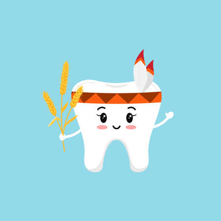 Thanksgiving tooth girl in indian headband with feather and wheat ear in hand.のイラスト素材