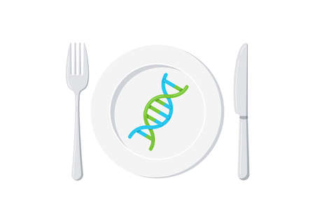 Dna on plate with knife and fork isolated on white background.のイラスト素材
