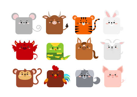 12 Chinese zodiac animal character sqaure faces icon vector setのイラスト素材