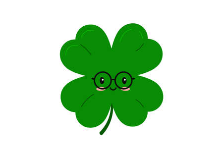 Cute clover four leaf kids character in eyeglasses isolated on white background.のイラスト素材
