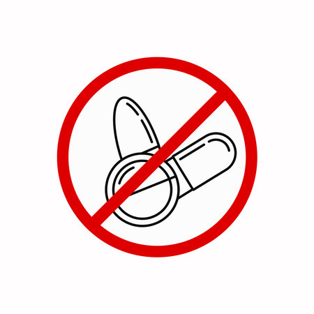 Medicine pills line art in red warning sign icon isolated on white background.のイラスト素材