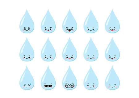 Cute water drop character kawaii set. Raindrop shape mascot with face.のイラスト素材