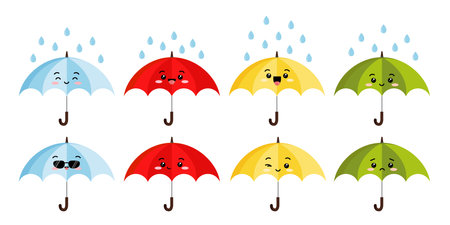 Cute open umbrella with rain cartoon character emoji icon vector set.のイラスト素材