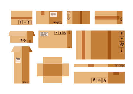 Parcel box set with packaging labels isolated on white background.のイラスト素材