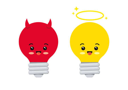 Devil and angel light bulb cute kawaii character vector icon.のイラスト素材