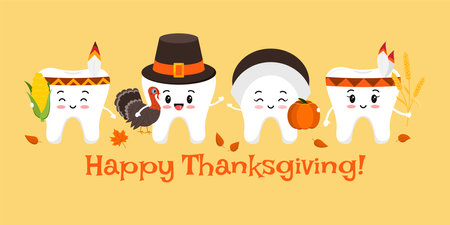 Thanksgiving happy teeth on dentist card vector illustration.のイラスト素材