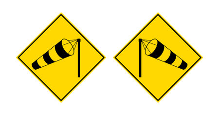 Crosswind traffic road sign - windsock in yellow rhombus vector illustration set.のイラスト素材