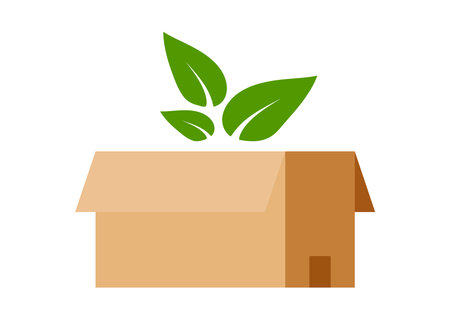 Sustainable recycle cardboard box with green leaves isolated on white background.のイラスト素材